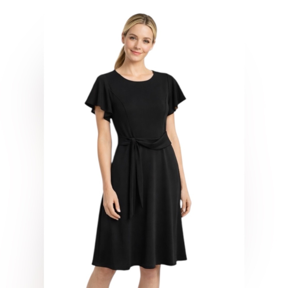Owin Black Flutter Sleeve Dress Size M Knee Length Tie Waist Stretch Elegant
